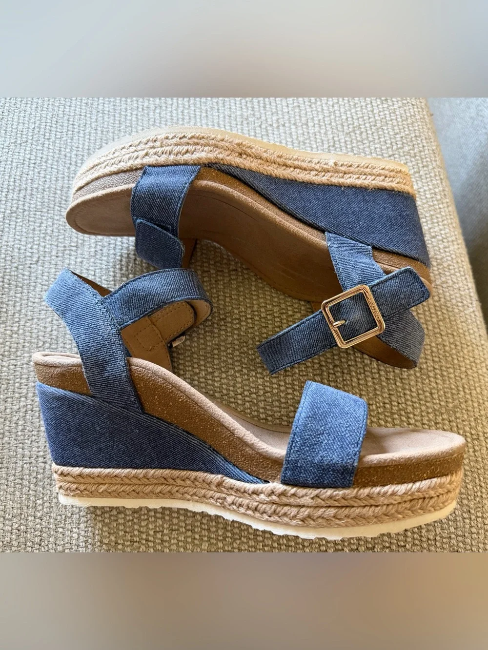 NWOT Aetrex Women’s Denim Espadrille Wedge Sandals - Blue